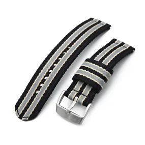 22mm 2-pcs Seatbelt Nylon Watch Band, Black, Grey and Khaki Stripes, Brushed Buckle