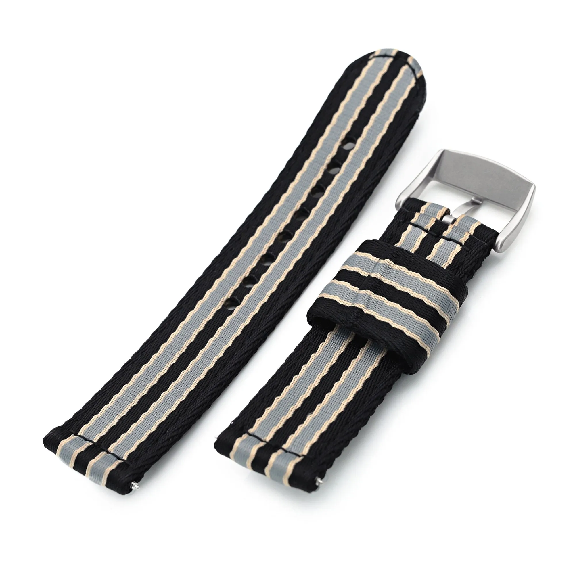 22mm 2-pcs Seatbelt Nylon Watch Band, Black, Grey and Khaki Stripes, Brushed Buckle