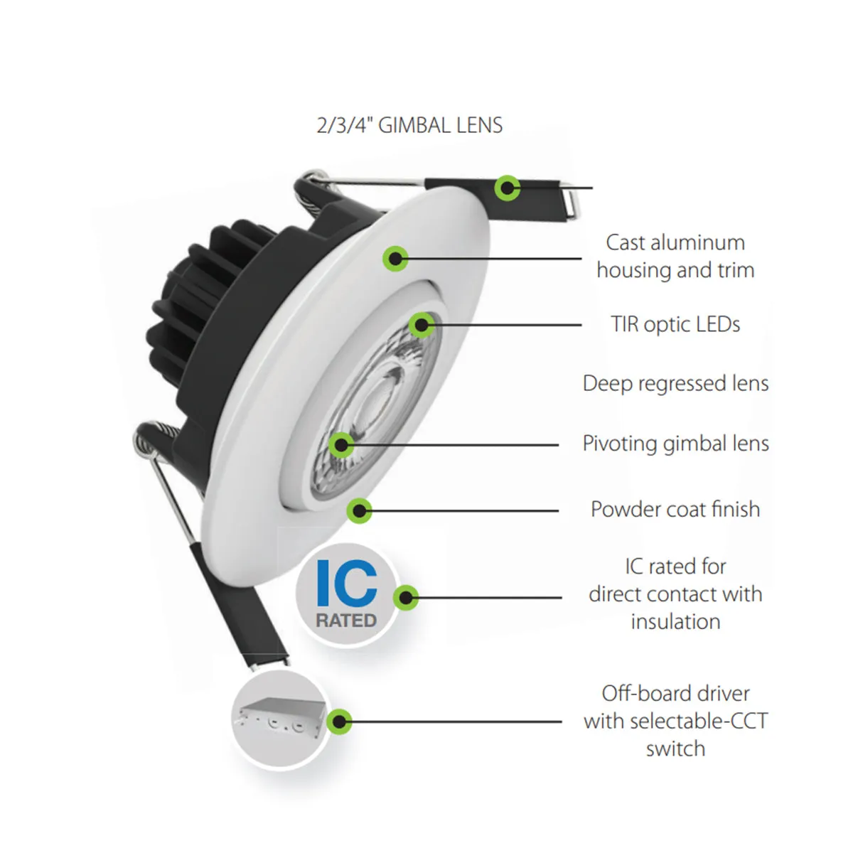 2" Gimbal Canless LED Downlight, 400lm, Selectable 2700K to 5000K, 20° Spot, Smooth Trim