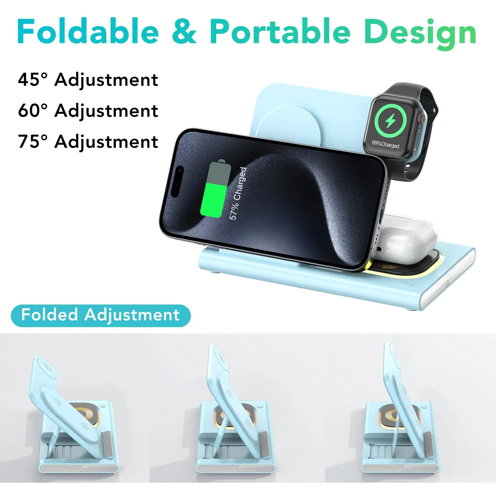 3 in 1 Foldable Charging Station for Apple Products,Fast Wireless Charger Travel Dock Adapter&Light for iPhone 16/15/14/13/12/11/X/XS,for iWatch 10/9/8/7/Ultra2/Ultra/SE,for AirPods 4/3/2/Pro/2(Blue)