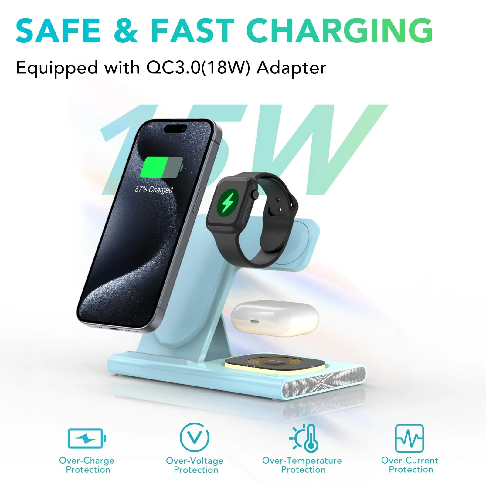 3 in 1 Foldable Charging Station for Apple Products,Fast Wireless Charger Travel Dock Adapter&Light for iPhone 16/15/14/13/12/11/X/XS,for iWatch 10/9/8/7/Ultra2/Ultra/SE,for AirPods 4/3/2/Pro/2(Blue)