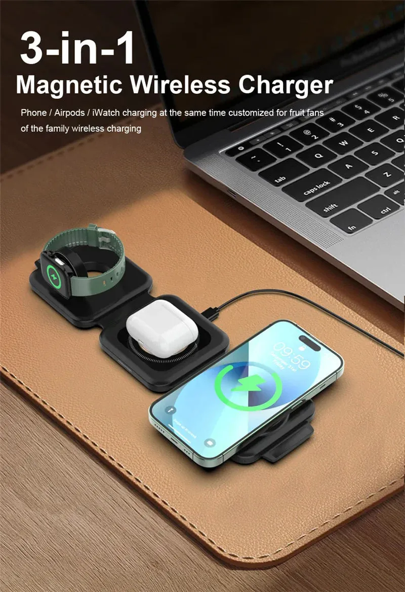 3 In 1 Magnetic Wireless Charger Pad Foldable Phone Chargers Stand Dock for iPhone 15 14 13 12 IWatch 8 7 Fast Charging Station