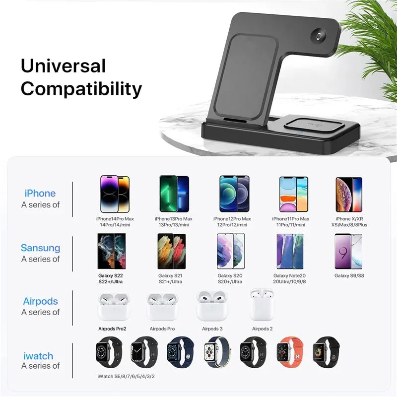 3 In 1 Wireless Charger Stand Pad For iPhone 14 13 12 11X8 Apple Watch 8 7 6 5 Airpods Foldable 15W Fast Charging Dock Station