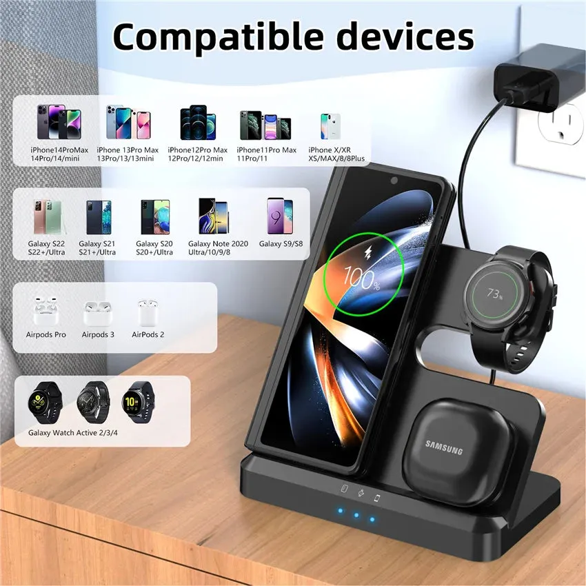 3 In 1 Wireless Charger Stand Pad For iPhone 15 14 13 Samsung S22 S21 Galaxy Watch 5 4 3 Active Buds Fast Charging Dock Station