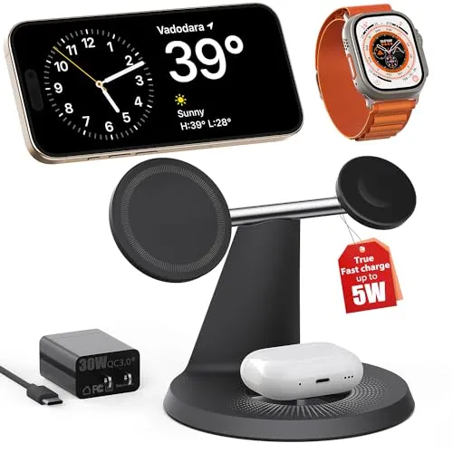 3 in 1 Wireless Charging Station for Apple Device: Fast Charging Station for iPhone and Watch with MagSafe, Stable Charger Stand for iPhone 12-15 & iWatch & AirPods