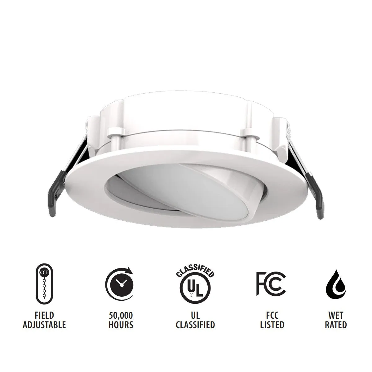 4" Gimbal Wafer LED Canless Recessed Light, 700 Lumens, Selectable 2700K to 5000K, White Finish