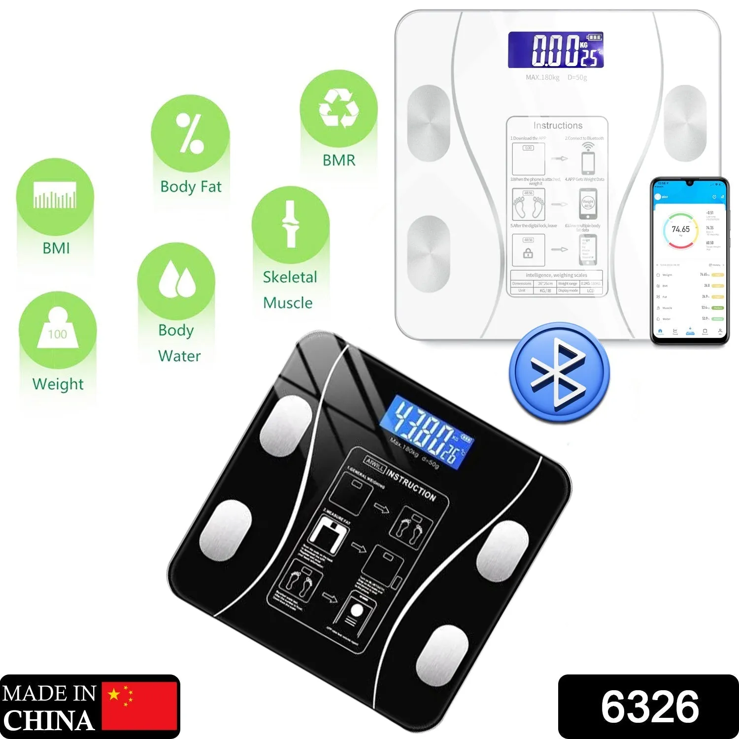 6326 Bluetooth Body Fat Scale Digital Smart Body Weight Scale iOS and Android App to Manage Body Weight, Body Fat, Water, Muscle Mass, BMI, BMR, Bone Mass and Visceral Fat with BMI Scale