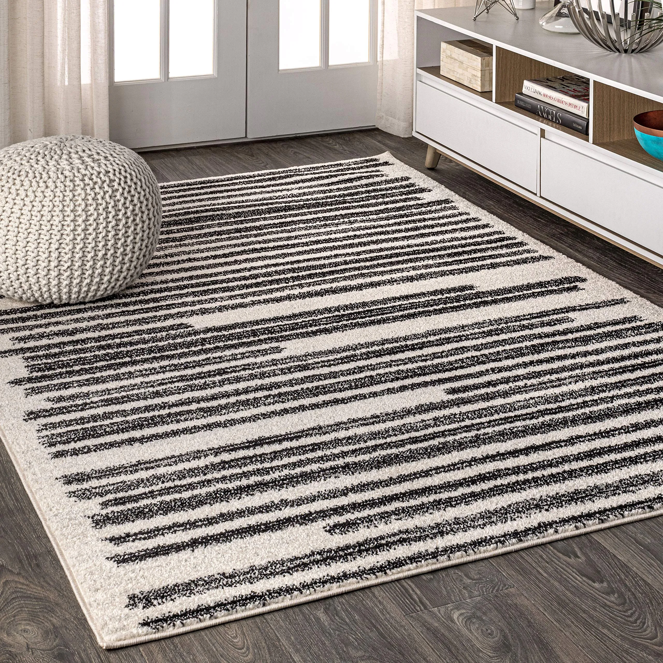 8x10 Cream and Black Farmhouse Berber Stripe Indoor Area Rug Non Shedding