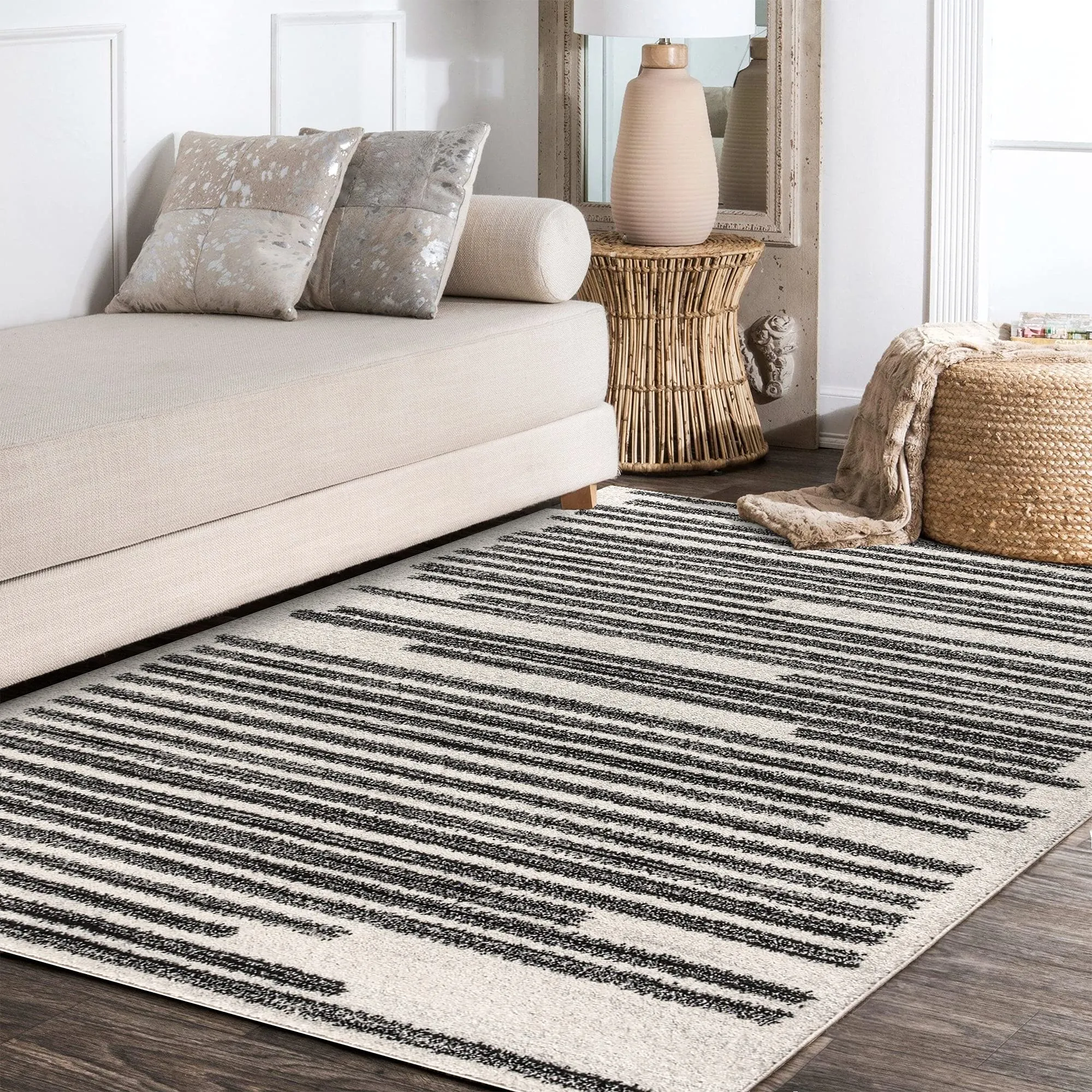 8x10 Cream and Black Farmhouse Berber Stripe Indoor Area Rug Non Shedding