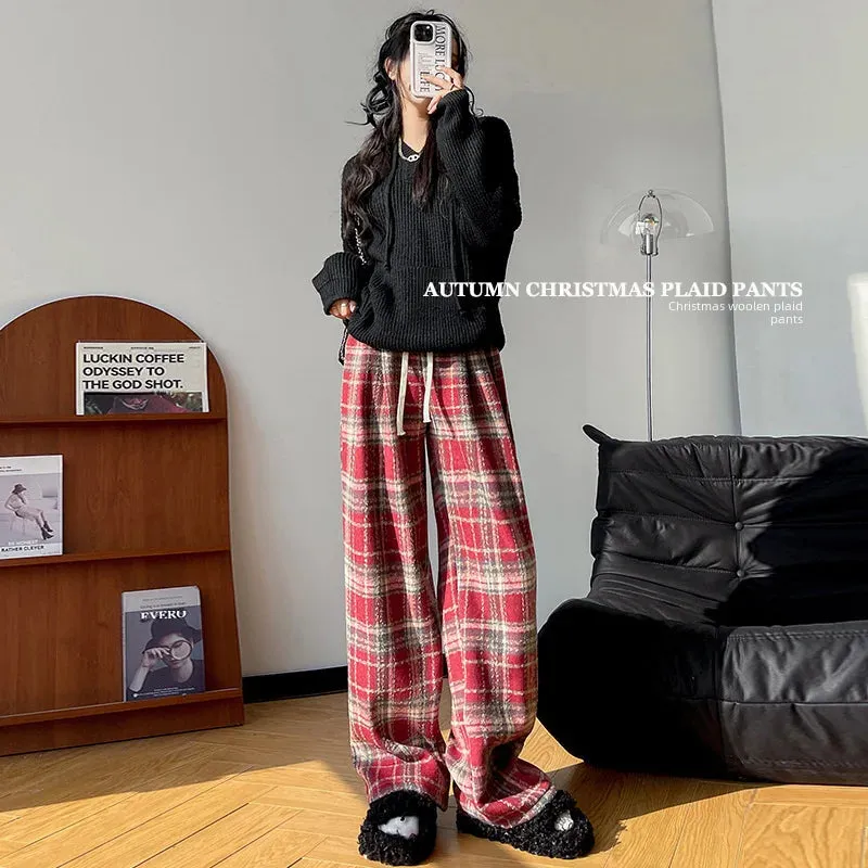 Amozae-Vintage Plaid Women's Pants Winter Warm Thickened Loose-fit Straight-leg Fleece-lined Casual Pants Woolen Bell Bottoms