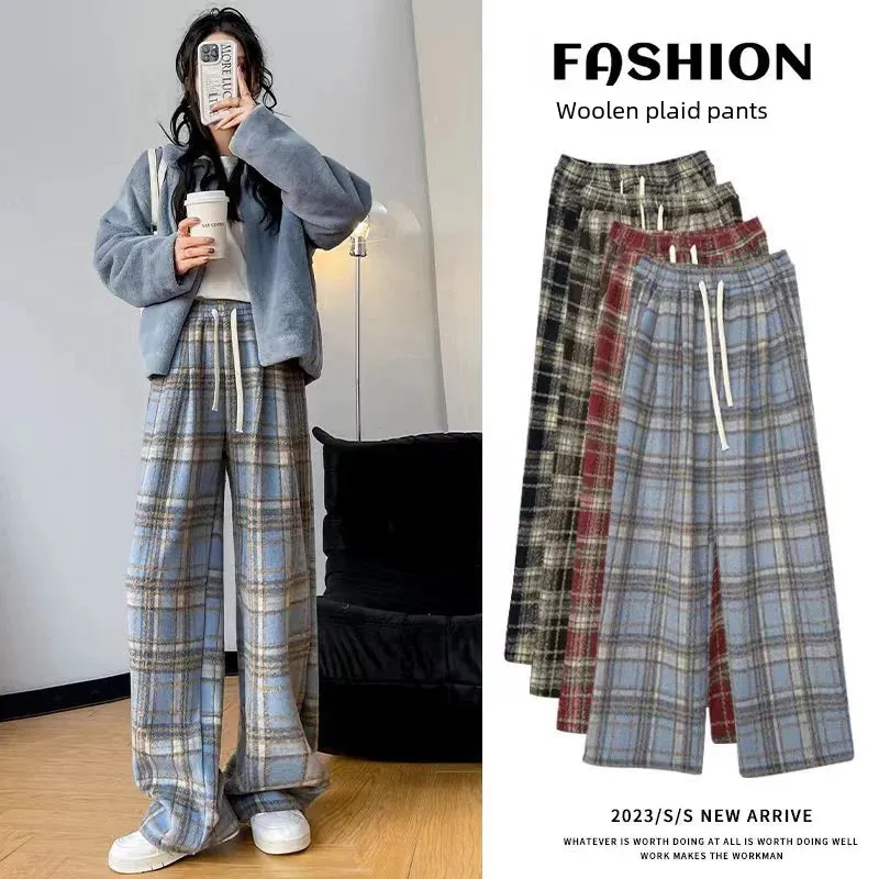 Amozae-Vintage Plaid Women's Pants Winter Warm Thickened Loose-fit Straight-leg Fleece-lined Casual Pants Woolen Bell Bottoms