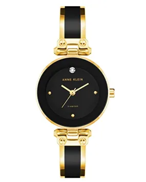 Anne Klein Stainless Steel Women's Ak 1980Bkgb Diamond Accented Dial Black and Gold Tone Bangle Analog Watch One Size Black/Gold