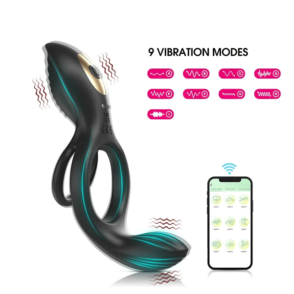 APP Remote Controlled Vibrating Cock Ring Male Sex Toys - Dual Rings Penis Massage Trainer