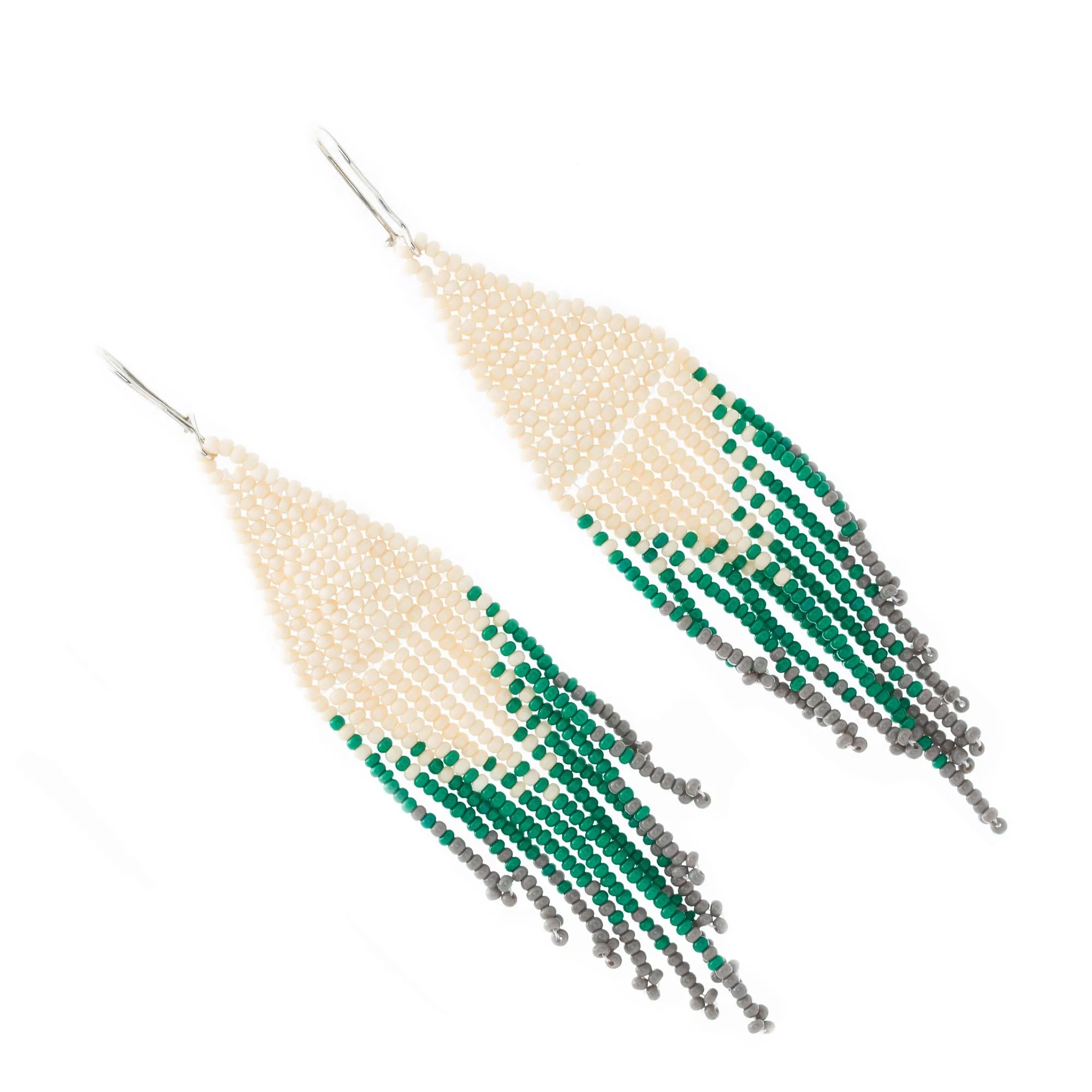 Beige and Green Glass Beaded Waterfall Earrings - Falling Emeralds | NOVICA