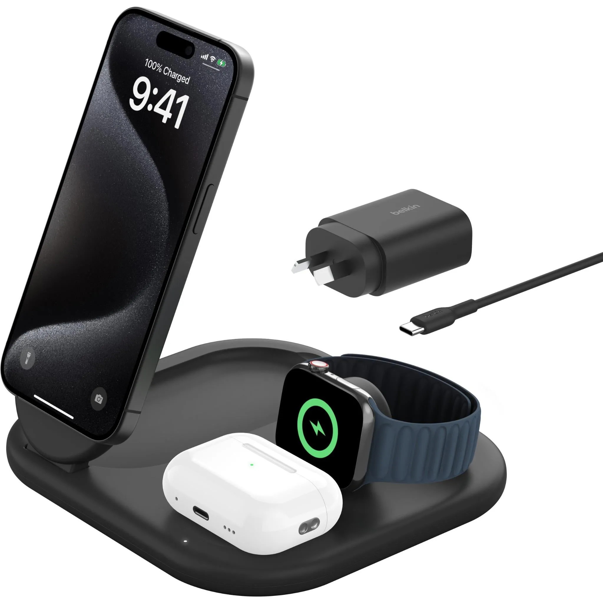 Belkin BoostCharge 3-in-1 Magnetic Foldable 15W Qi2 Wireless Charger (Black)