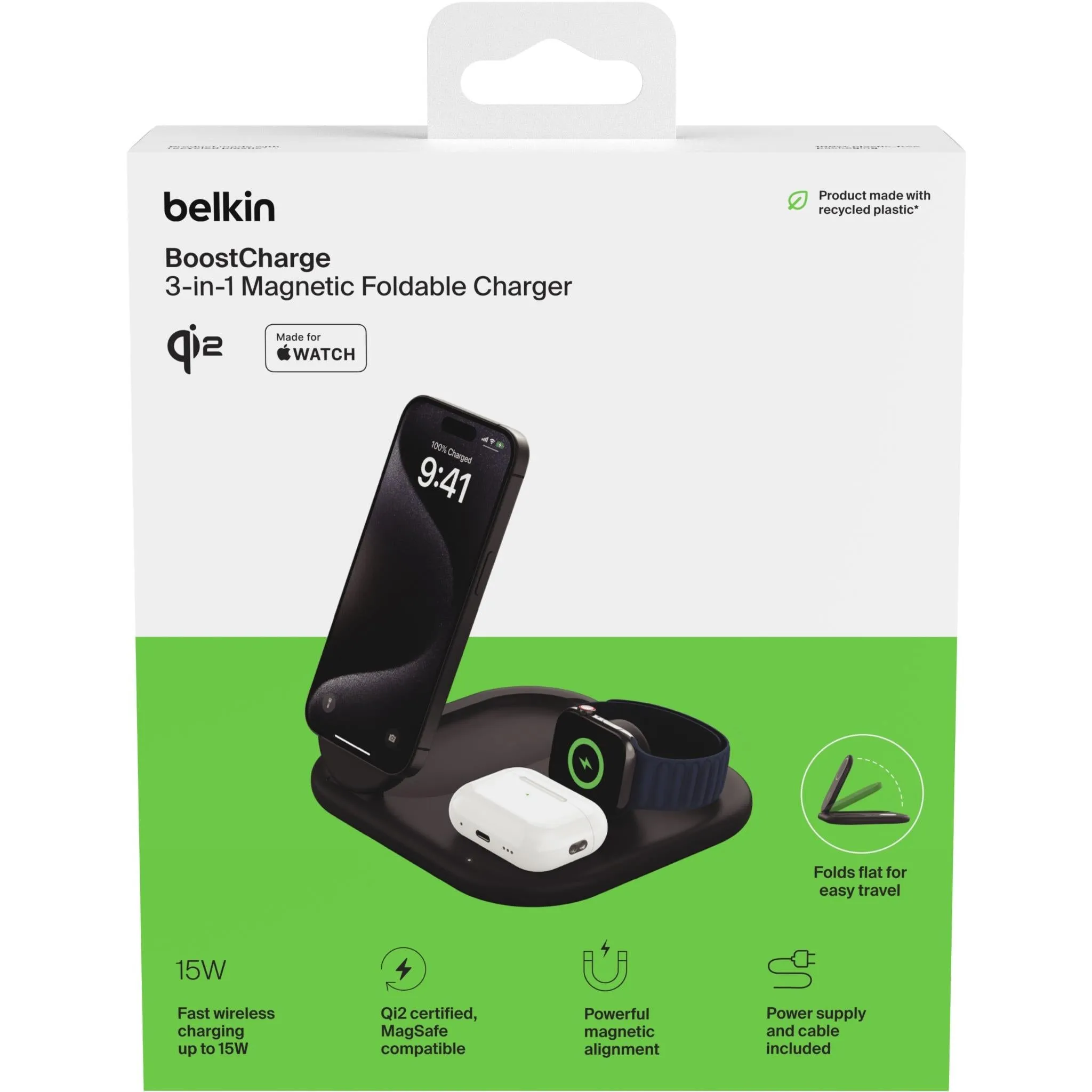 Belkin BoostCharge 3-in-1 Magnetic Foldable 15W Qi2 Wireless Charger (Black)