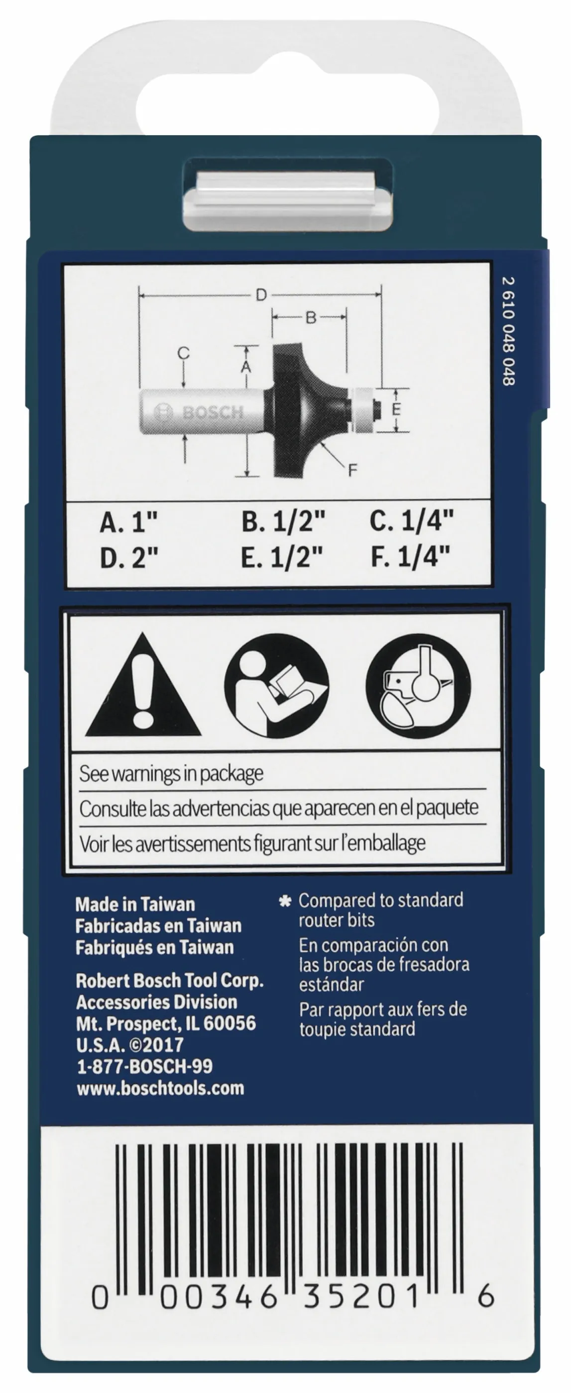 BOSCH 85294MC 1/4 In. x 1/2 In. Carbide-Tipped Roundover Router Bit