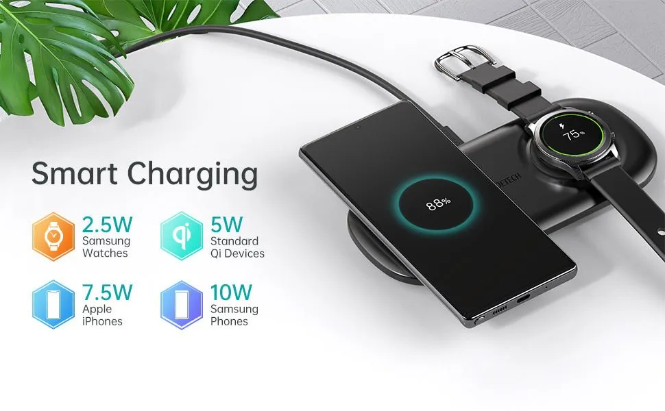 CHOETECH 2 in 1 Wireless Charger, 10W Max Wireless Charging Pad with Adapter for Galaxy Watch - T570