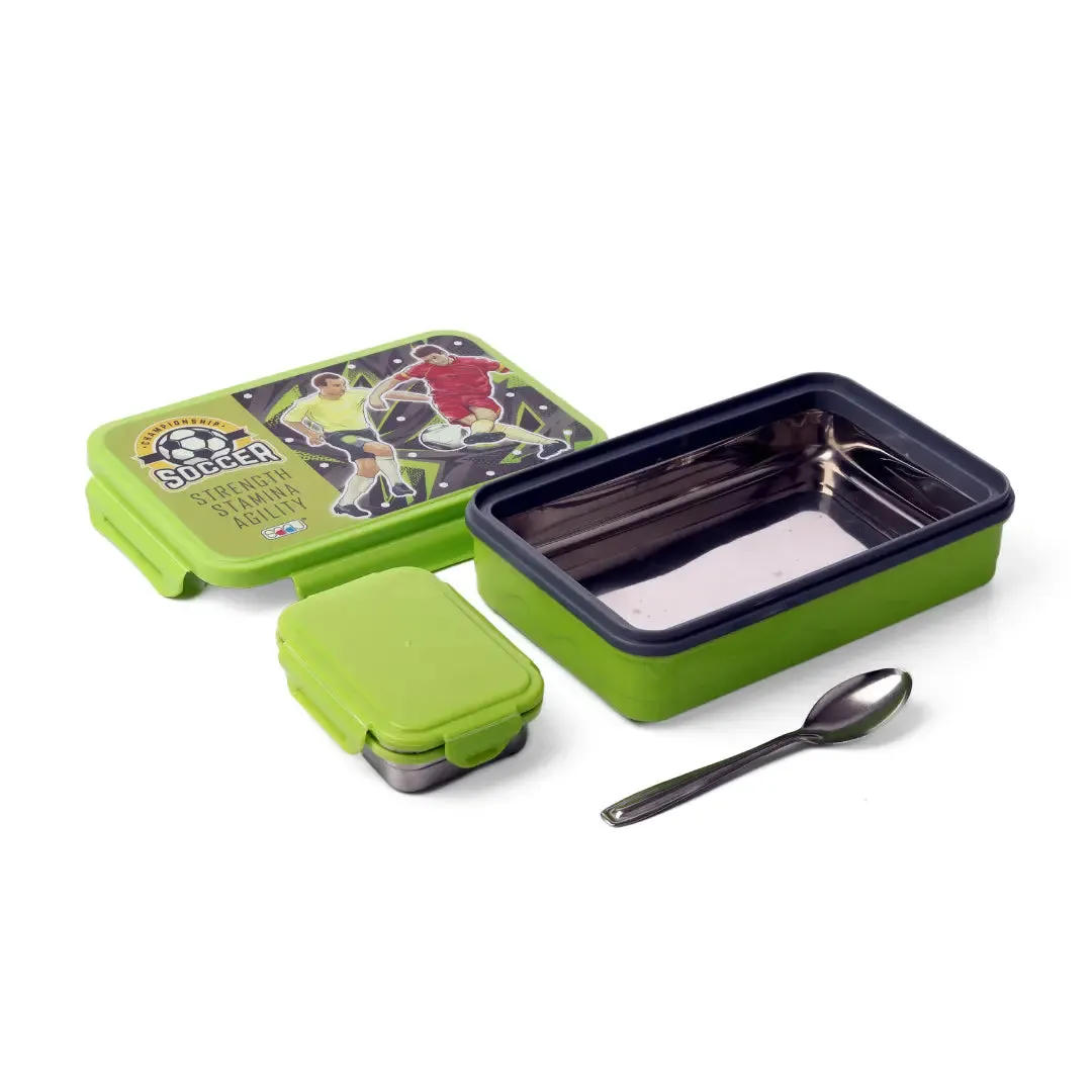 Feast Big Green 2 Compartment Steel Leak Proof Lunch Box for School, Office, Kids (800ML)