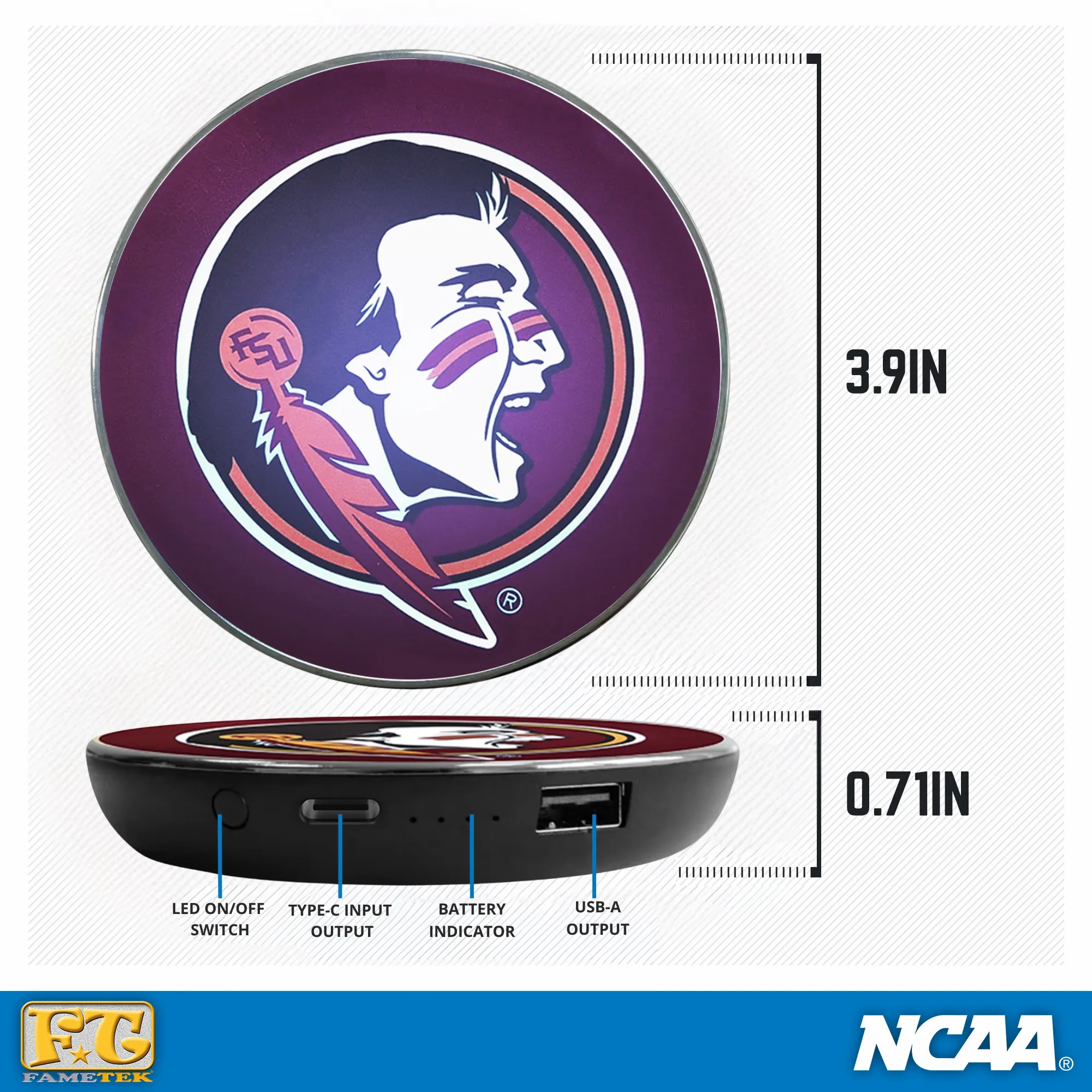 Florida State University Qi Wireless Charger With Illuminated FSU Logo & Built-In Power bank