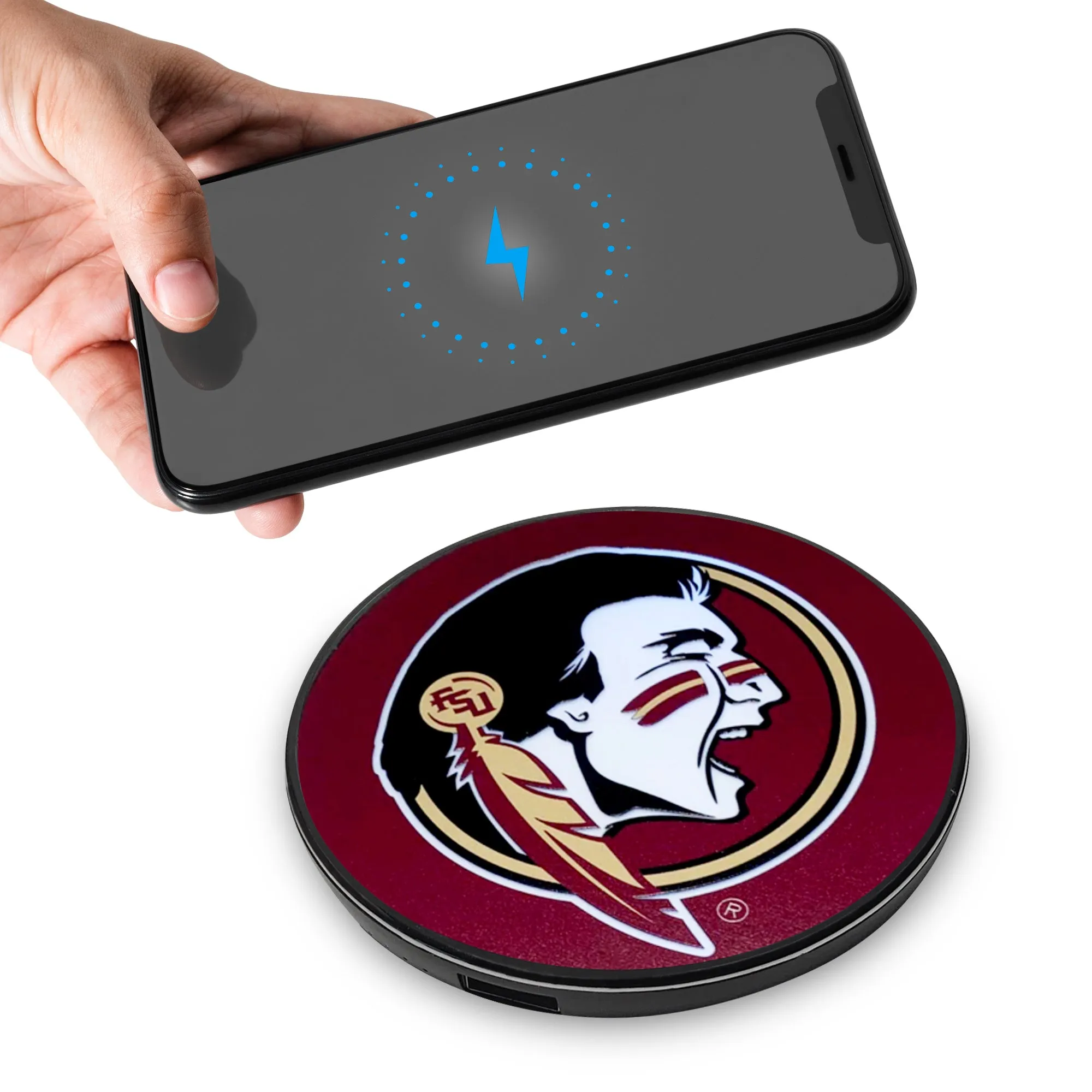 Florida State University Qi Wireless Charger With Illuminated FSU Logo & Built-In Power bank