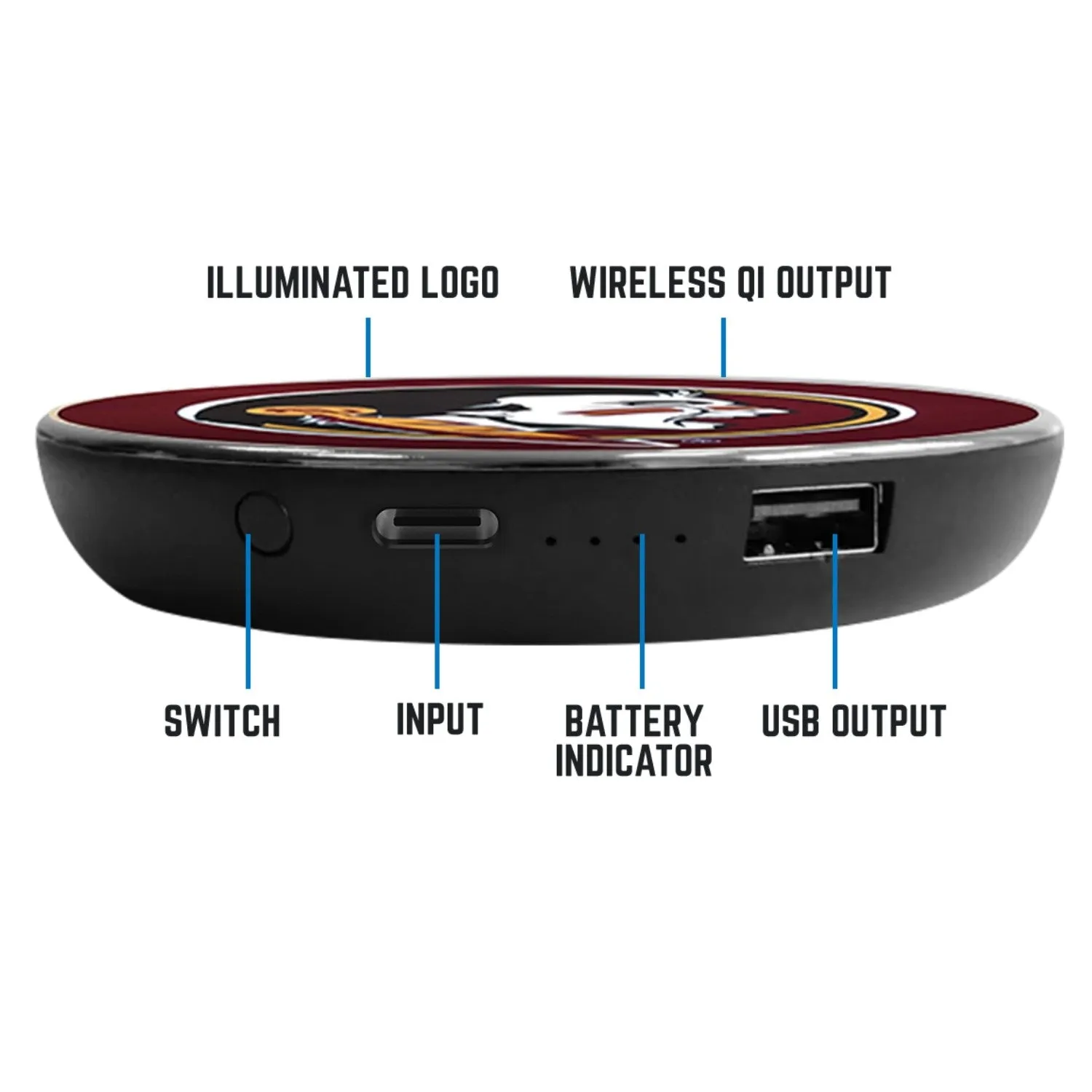 Florida State University Qi Wireless Charger With Illuminated FSU Logo & Built-In Power bank