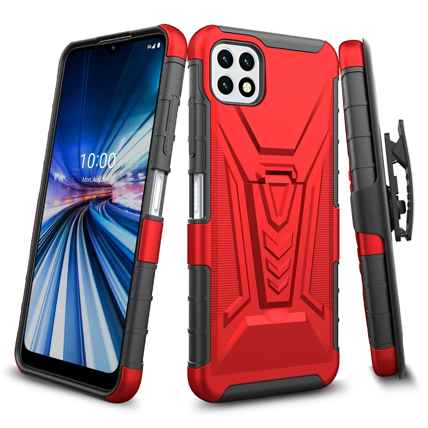 For Boost Celero 5G Case with Tempered Glass Screen Protector Heavy Duty Protective Phone Case,Built-in Kickstand Rugged Shockproof Protective Phone Case - Red