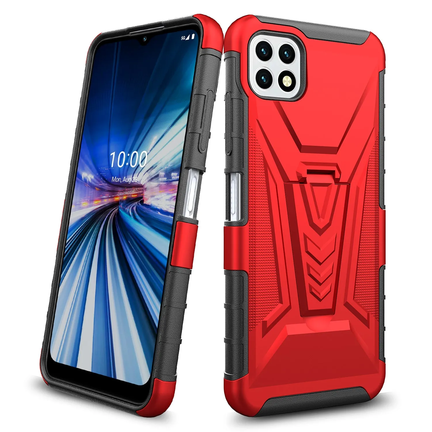 For Boost Celero 5G Case with Tempered Glass Screen Protector Heavy Duty Protective Phone Case,Built-in Kickstand Rugged Shockproof Protective Phone Case - Red