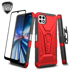 For Boost Celero 5G Case with Tempered Glass Screen Protector Heavy Duty Protective Phone Case,Built-in Kickstand Rugged Shockproof Protective Phone Case - Red