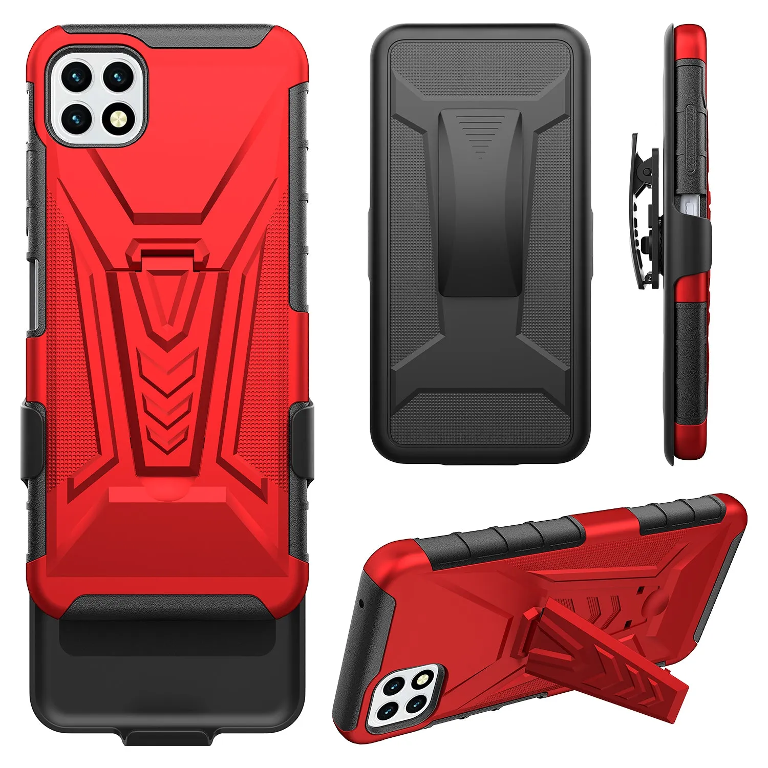 For Boost Celero 5G Case with Tempered Glass Screen Protector Heavy Duty Protective Phone Case,Built-in Kickstand Rugged Shockproof Protective Phone Case - Red