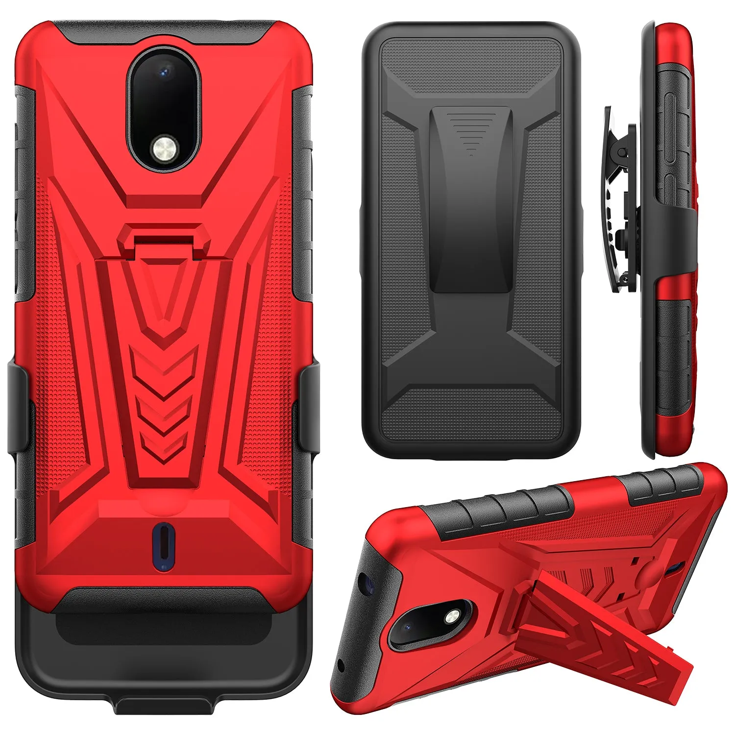 For Cricket Debut Case with Tempered Glass Screen Protector Heavy Duty Protective Phone Case,Built-in Kickstand Rugged Shockproof Protective Phone Case - Red