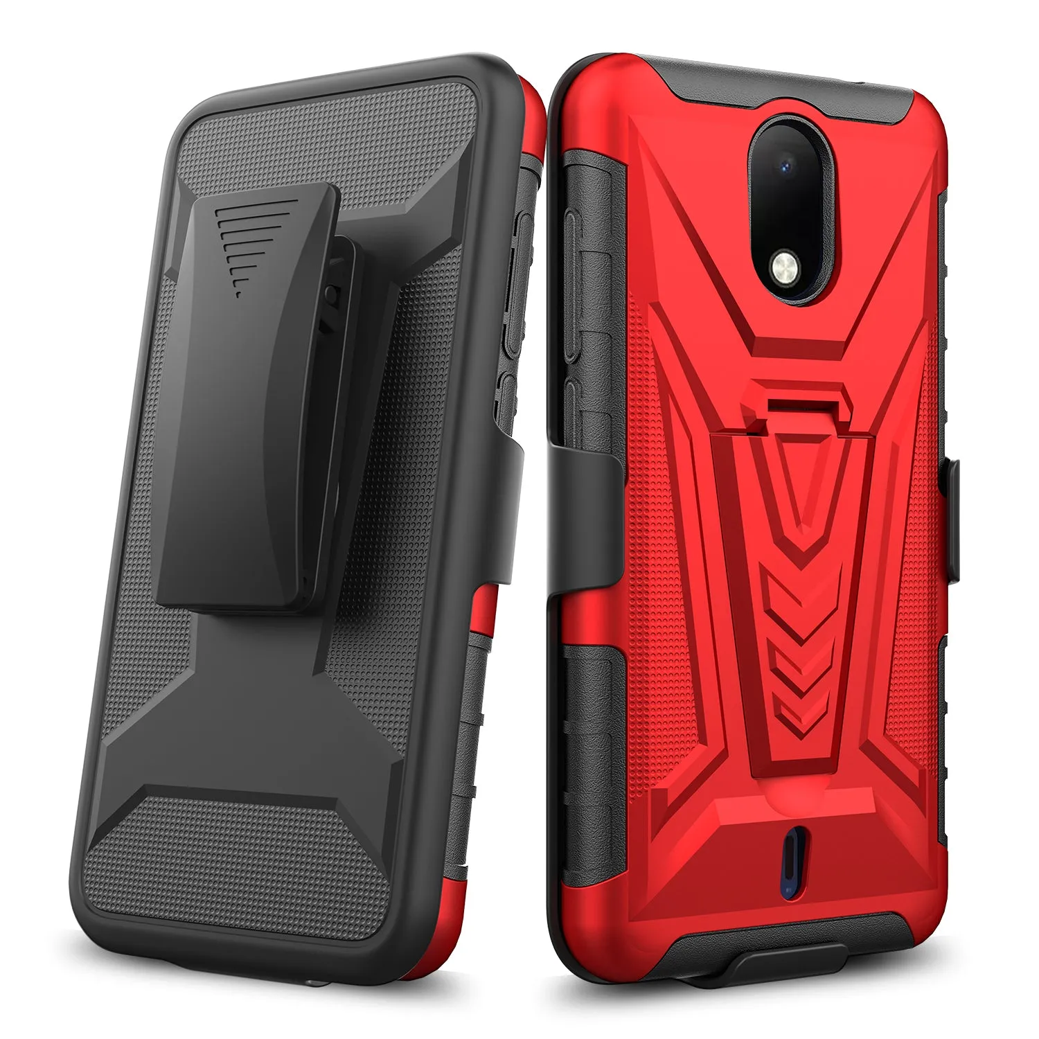 For Cricket Debut Case with Tempered Glass Screen Protector Heavy Duty Protective Phone Case,Built-in Kickstand Rugged Shockproof Protective Phone Case - Red