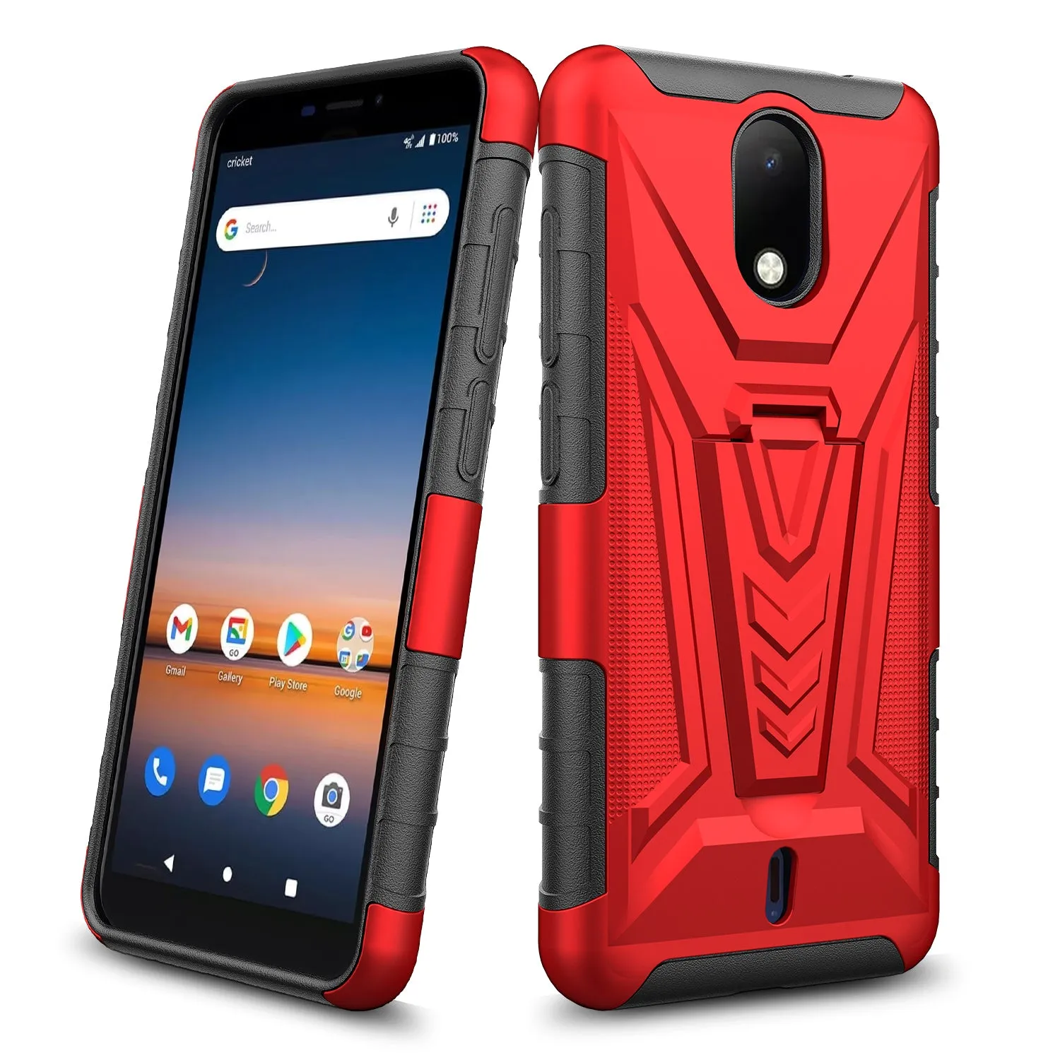 For Cricket Debut Case with Tempered Glass Screen Protector Heavy Duty Protective Phone Case,Built-in Kickstand Rugged Shockproof Protective Phone Case - Red