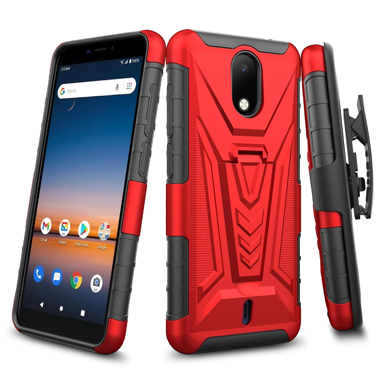 For Cricket Debut Case with Tempered Glass Screen Protector Heavy Duty Protective Phone Case,Built-in Kickstand Rugged Shockproof Protective Phone Case - Red