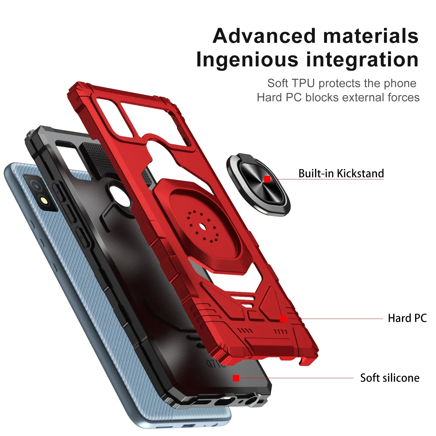 For Cricket Icon 4 Case [Military Grade] Ring Car Mount Kickstand w/[Tempered Glass] Hybrid Hard PC Soft TPU Shockproof Protective Case - Red