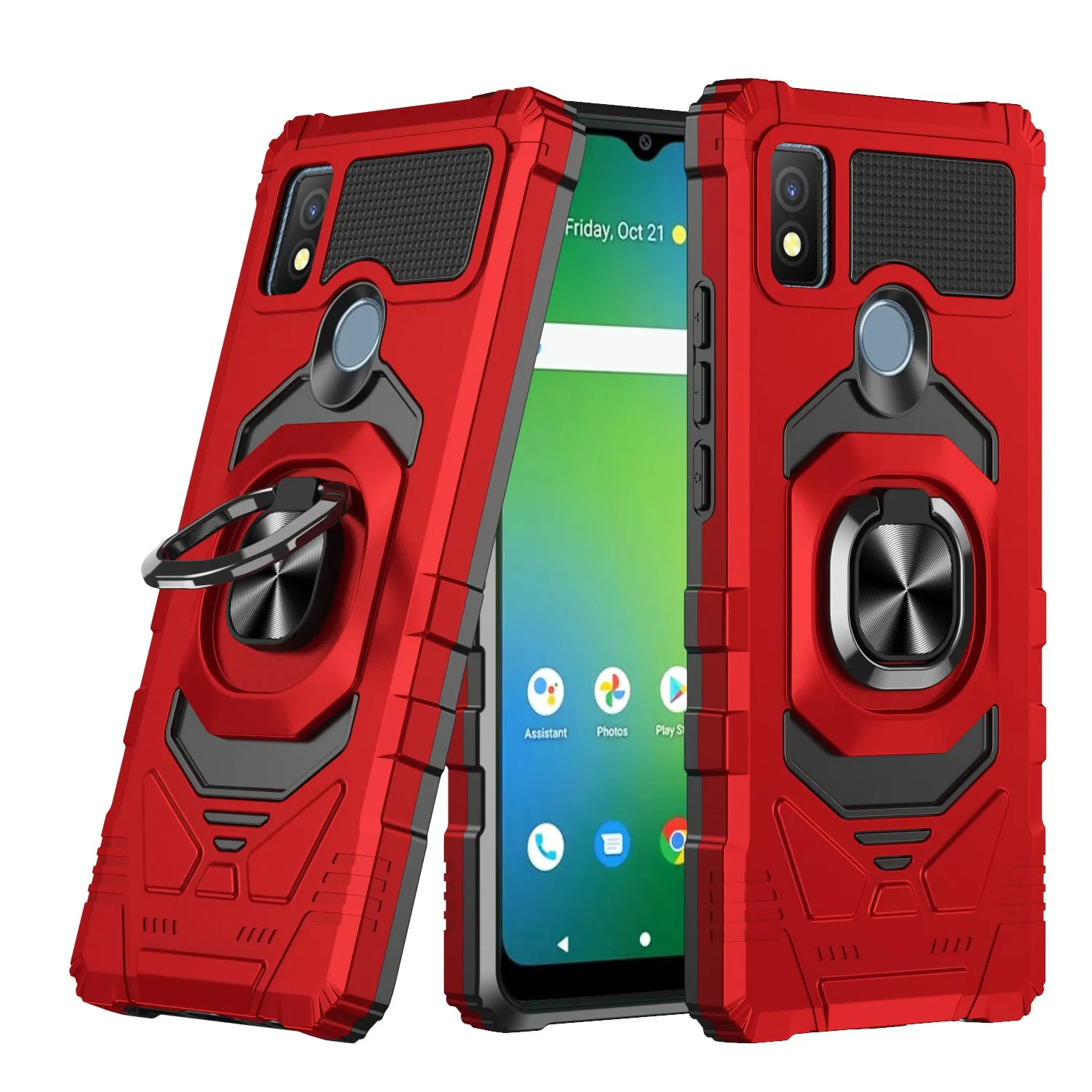 For Cricket Icon 4 Case [Military Grade] Ring Car Mount Kickstand w/[Tempered Glass] Hybrid Hard PC Soft TPU Shockproof Protective Case - Red