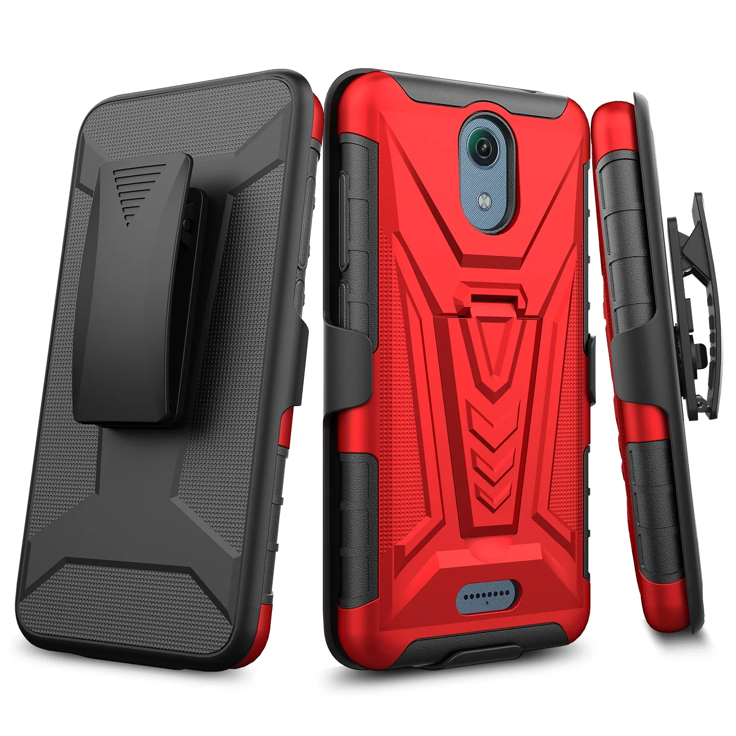 For Cricket Vision 3 /AT&T Calypso (U318AA) Case with Tempered Glass Screen Protector Heavy Duty Protective Phone Case,Built-in Kickstand Rugged Shockproof Protective Phone Case - Red