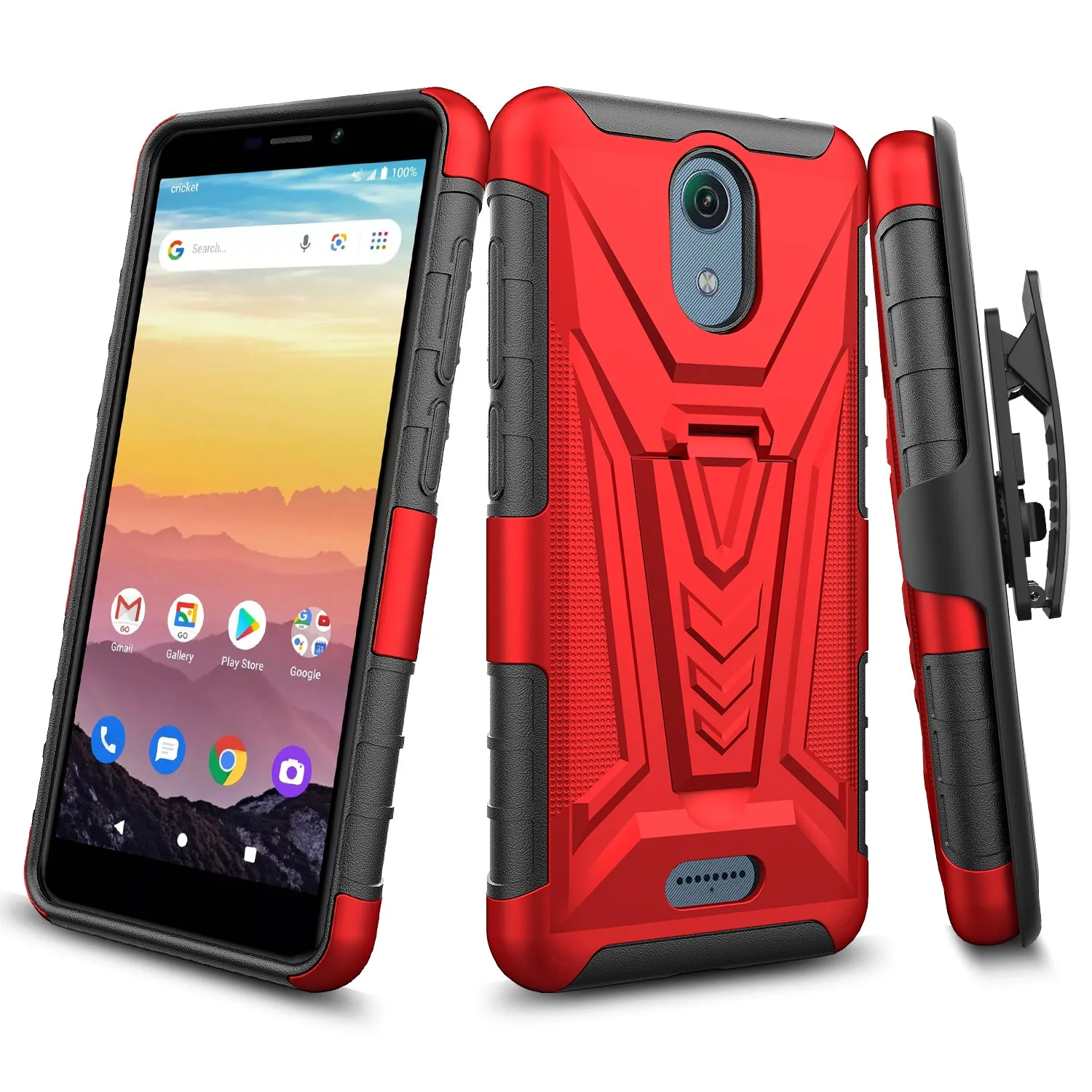 For Cricket Vision 3 /AT&T Calypso (U318AA) Case with Tempered Glass Screen Protector Heavy Duty Protective Phone Case,Built-in Kickstand Rugged Shockproof Protective Phone Case - Red