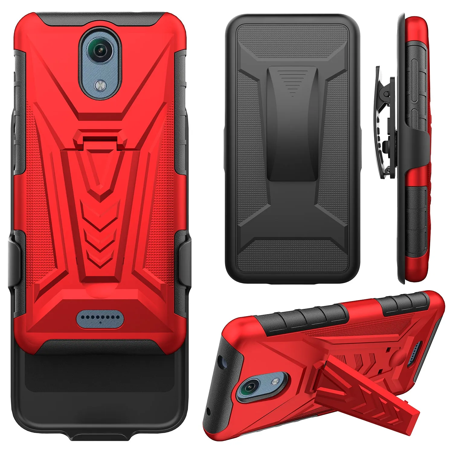 For Cricket Vision 3 /AT&T Calypso (U318AA) Case with Tempered Glass Screen Protector Heavy Duty Protective Phone Case,Built-in Kickstand Rugged Shockproof Protective Phone Case - Red