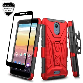 For Cricket Vision 3 /AT&T Calypso (U318AA) Case with Tempered Glass Screen Protector Heavy Duty Protective Phone Case,Built-in Kickstand Rugged Shockproof Protective Phone Case - Red