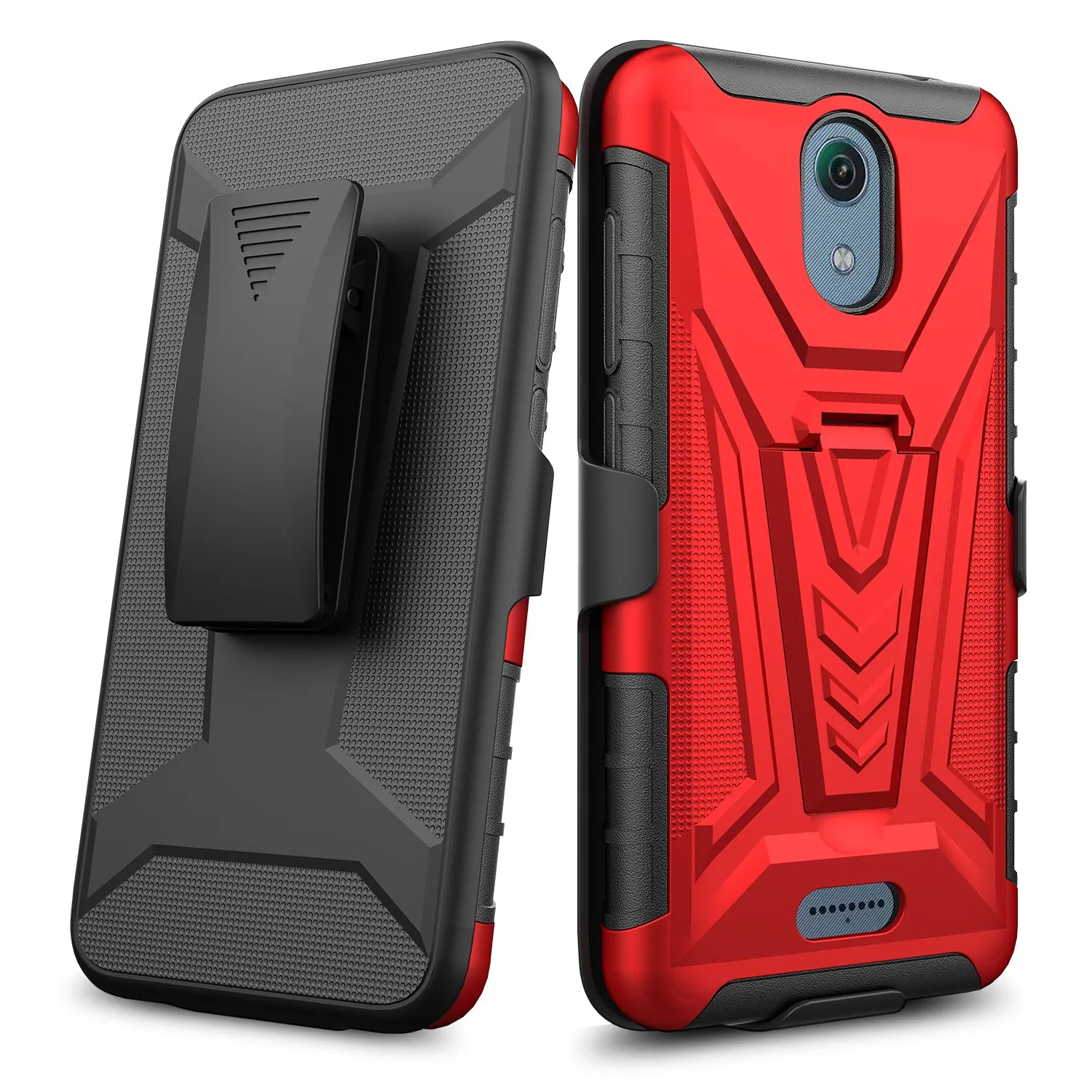 For Cricket Vision 3 /AT&T Calypso (U318AA) Case with Tempered Glass Screen Protector Heavy Duty Protective Phone Case,Built-in Kickstand Rugged Shockproof Protective Phone Case - Red