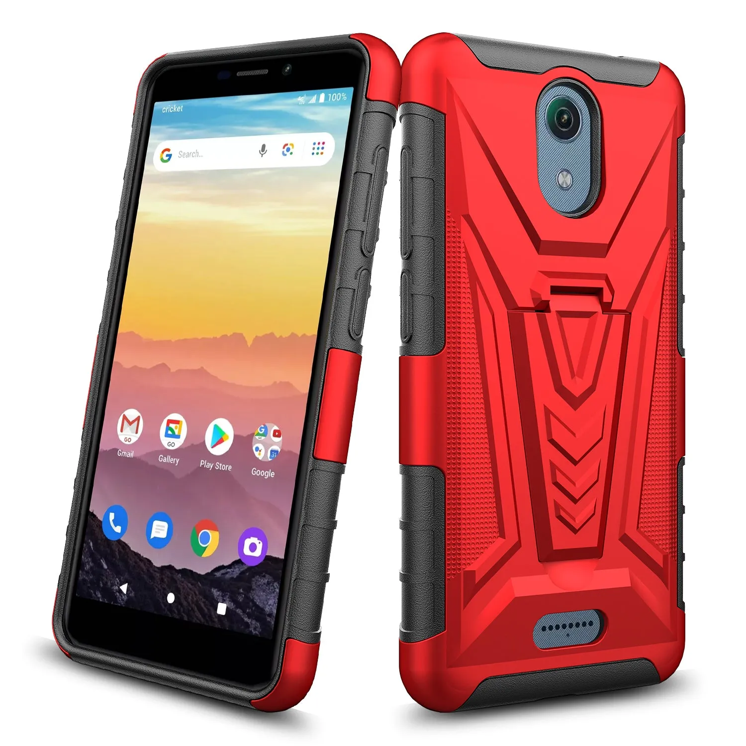 For Cricket Vision 3 /AT&T Calypso (U318AA) Case with Tempered Glass Screen Protector Heavy Duty Protective Phone Case,Built-in Kickstand Rugged Shockproof Protective Phone Case - Red