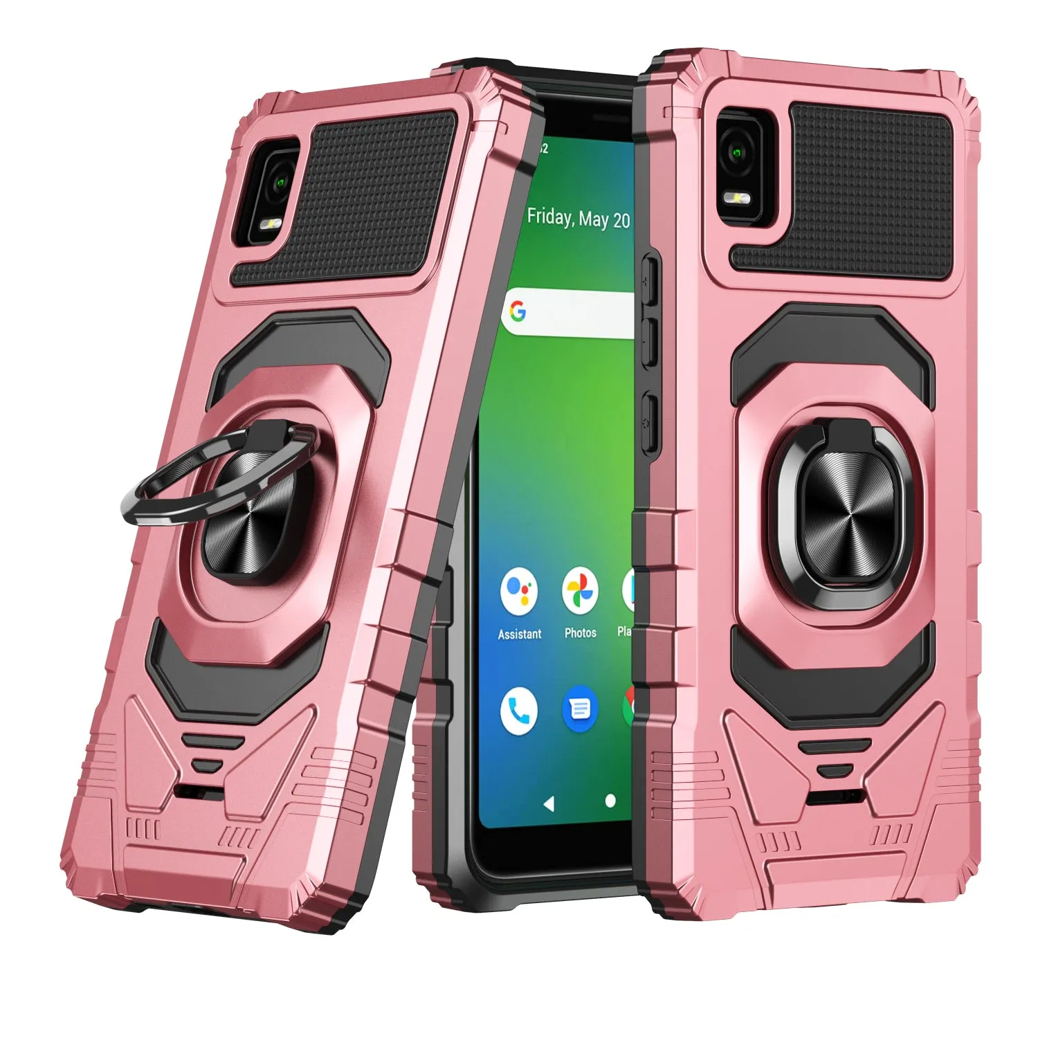 For Cricket Vision Plus Case [Military Grade] Ring Car Mount Kickstand w/[Tempered Glass] Hybrid Hard PC Soft TPU Shockproof Protective Case - Rose Gold