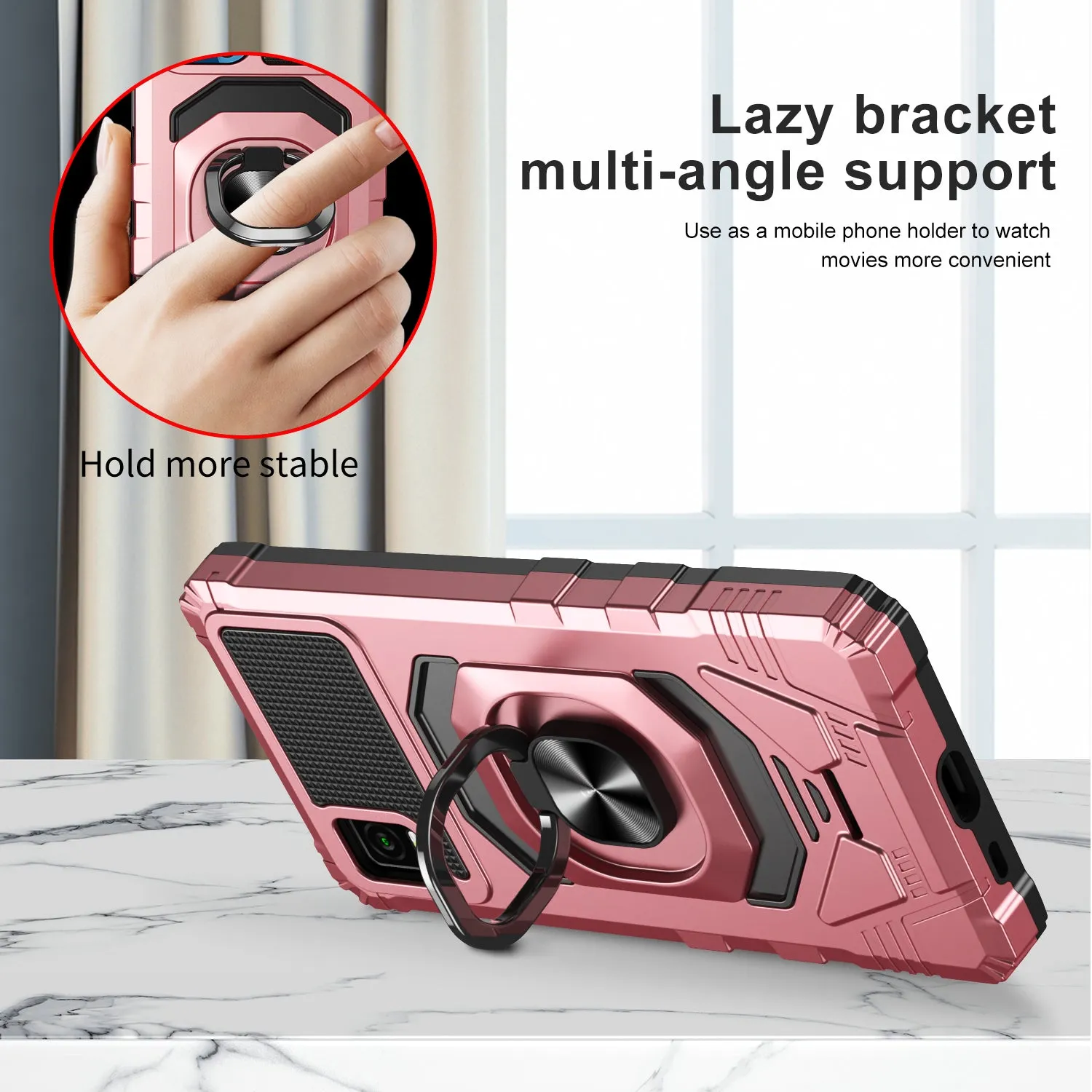 For Cricket Vision Plus Case [Military Grade] Ring Car Mount Kickstand w/[Tempered Glass] Hybrid Hard PC Soft TPU Shockproof Protective Case - Rose Gold