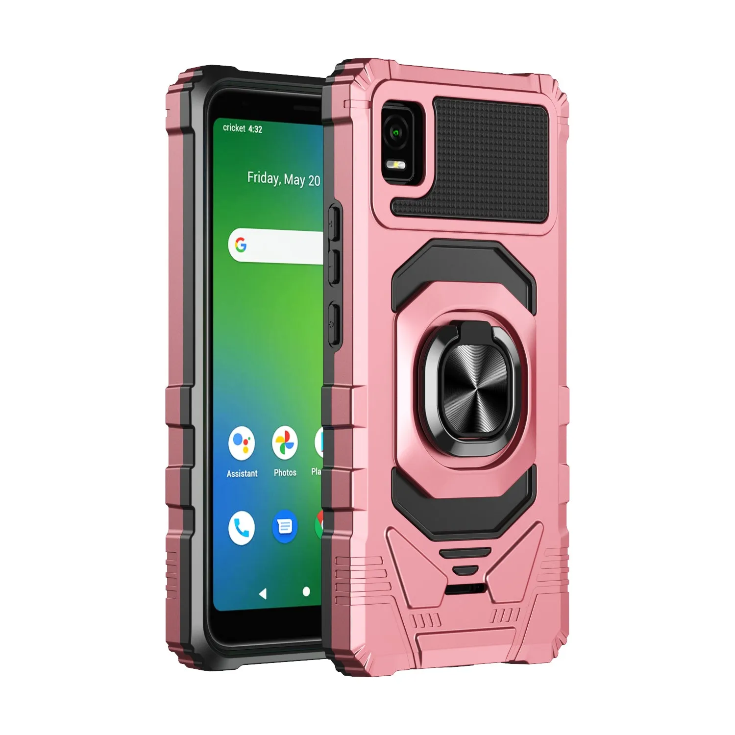 For Cricket Vision Plus Case [Military Grade] Ring Car Mount Kickstand w/[Tempered Glass] Hybrid Hard PC Soft TPU Shockproof Protective Case - Rose Gold