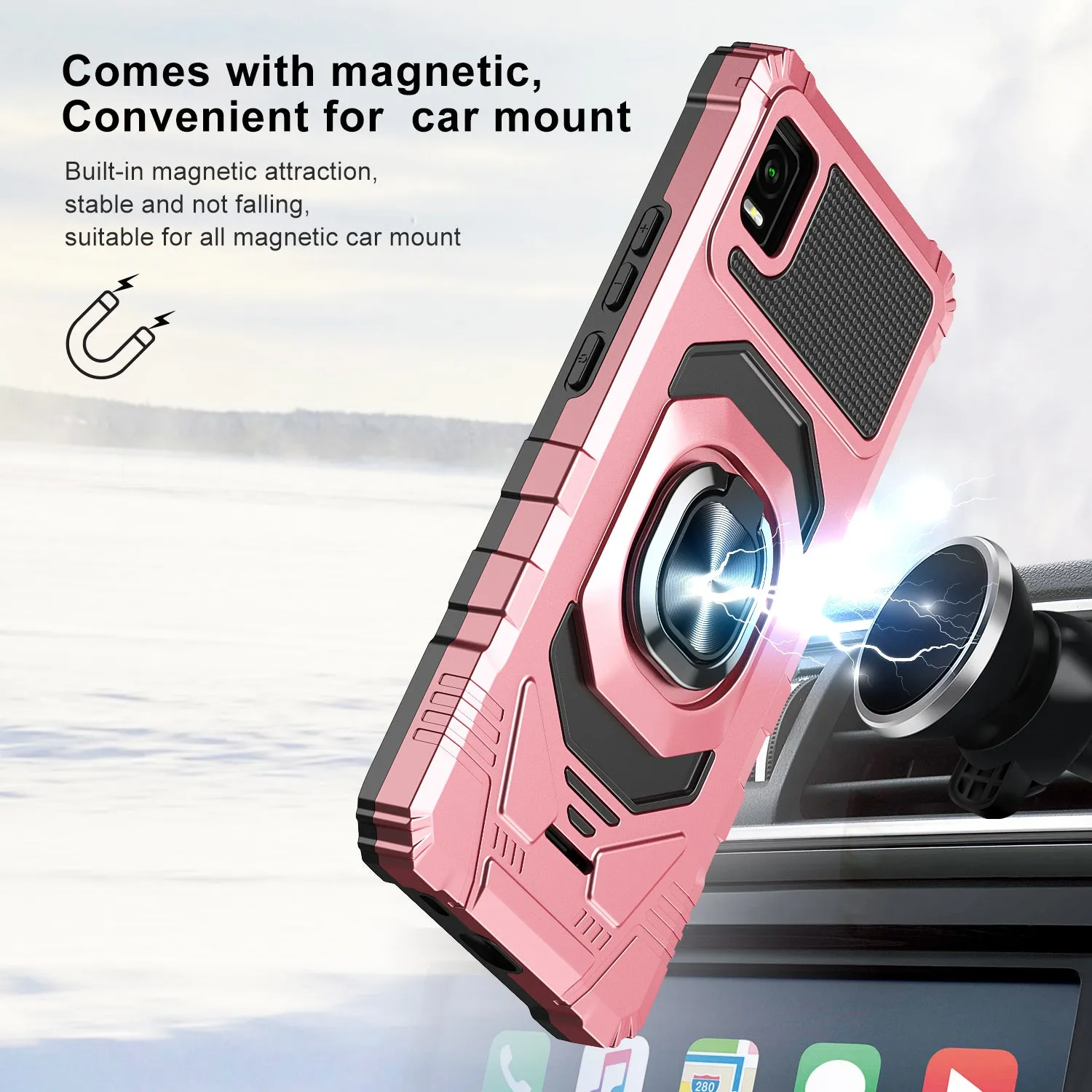 For Cricket Vision Plus Case [Military Grade] Ring Car Mount Kickstand w/[Tempered Glass] Hybrid Hard PC Soft TPU Shockproof Protective Case - Rose Gold