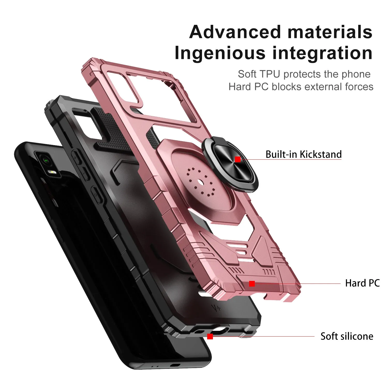 For Cricket Vision Plus Case [Military Grade] Ring Car Mount Kickstand w/[Tempered Glass] Hybrid Hard PC Soft TPU Shockproof Protective Case - Rose Gold