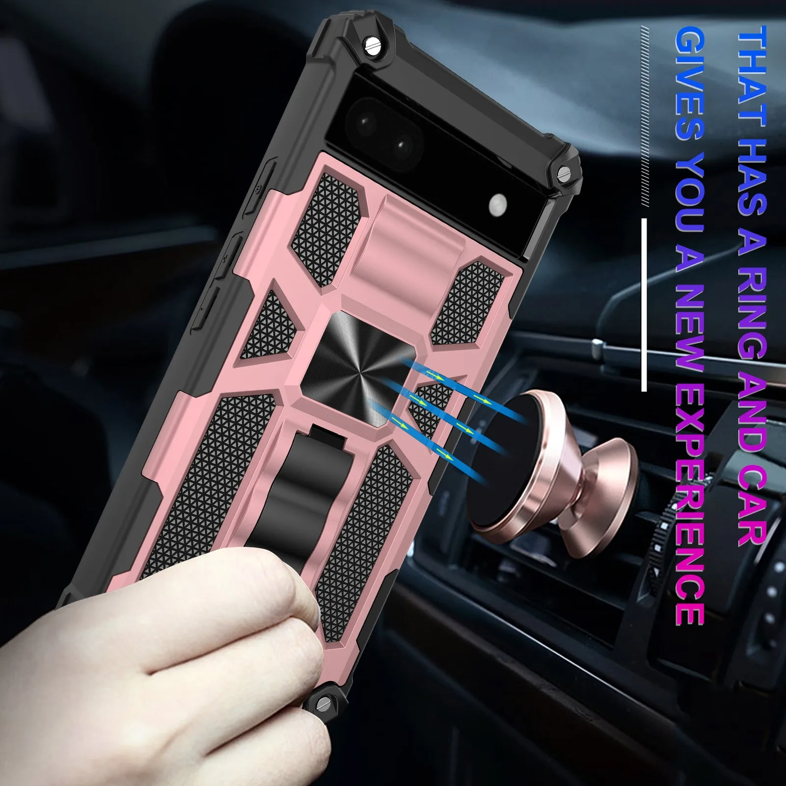 For Google Pixel 6A Case [Military Grade] Ring Car Mount Kickstand w/[Tempered Glass] Hybrid Hard PC Soft TPU Shockproof Protective Case - Rose Gold