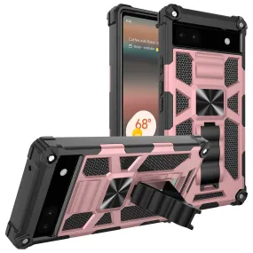 For Google Pixel 6A Case [Military Grade] Ring Car Mount Kickstand w/[Tempered Glass] Hybrid Hard PC Soft TPU Shockproof Protective Case - Rose Gold