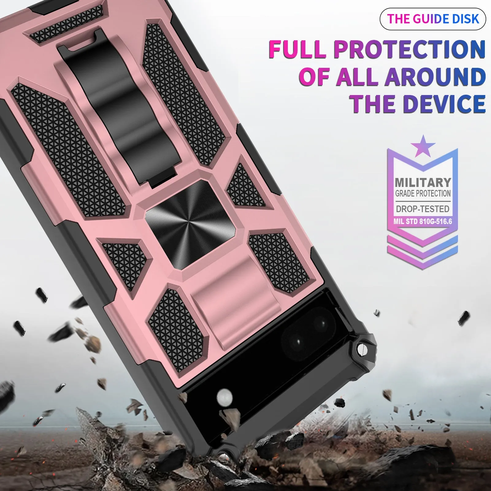 For Google Pixel 6A Case [Military Grade] Ring Car Mount Kickstand w/[Tempered Glass] Hybrid Hard PC Soft TPU Shockproof Protective Case - Rose Gold